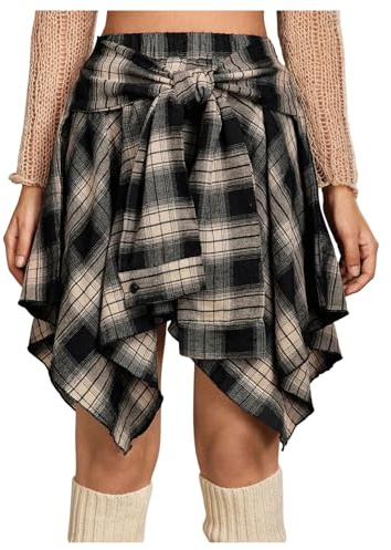 GORGLITTER Women's Plaid A Line Flowy Short Skirts High Waisted Asymmetrical Tie Knot Streetwear Skirt Black X-Large
