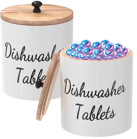 Fyeme 2Pcs Wooden Laundry Pods Container with Lid Detergent Pods Holder Laundry Pod Keeper Laundry Pod Tray Laundry Bucket Black Wood Detergent Powder Storage Box Dishwasher Tablets Bin (white)