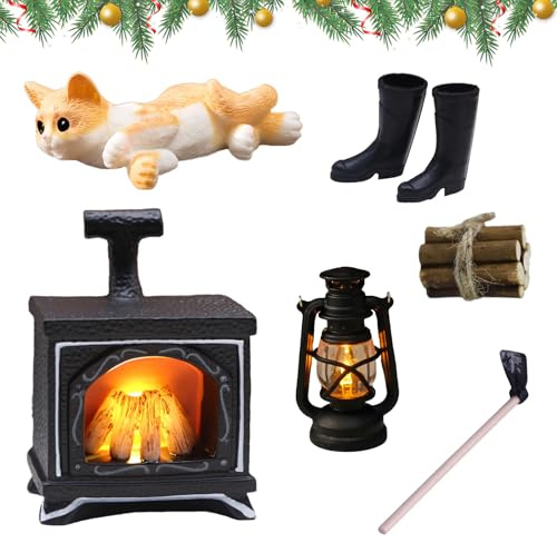 7 Stück Wichtel Zubehör Kamin,Wichtel Kamin mit Licht,Wichtel Zubehör Kamin Set,Wichtels Feuerstelle Miniatur,Puppenhaus Wichtel Kamin Miniatur,Puppenhaus Zubehör Weihnachten DIY Geschenke