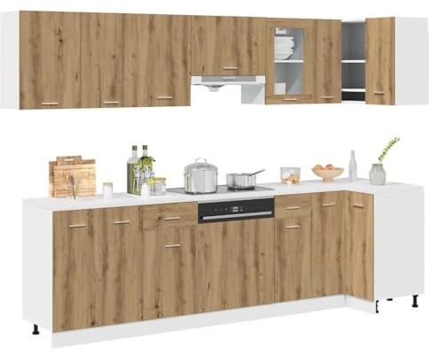 QJBSAVVA Lyon Kit d'armoire de cuisine 11 pièces en chêne artisanal en bois et verre avec armoires suspendues et meuble sous-évier 80 cm d'espace de rangement et pieds réglables pour cuisines modernes