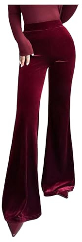SHENHE Women's Velvet Bell Bottom Pants High Waisted Dressy Business Work Evening Flare Pants Burgundy Large