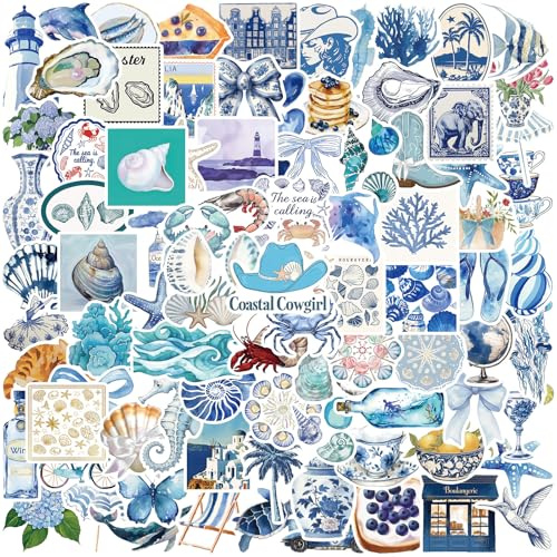 DAVBNM 100PCS Blue Ocean Stickers, Aesthetic Stickers, Ocean Beach Decal, Waterproof Vinyl Decal, Marine Life Adhesive Pack for Girls Teens, Water Bottle Scrapbook Laptop Phone Skateboard Luggage