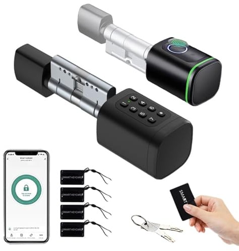 Türschloss Fingerabdruck,Elektronisches Türschloss Haustür Code,Smart Lock SchließZylinder 60mm,Fingerabdruck Schloss Mit Bluetooth und App,mit 2 Schlüssel,4 IC-Karte,für Türen von 60-90 mm(Schwarz)