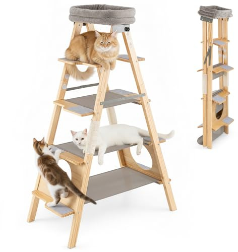 COSTWAY Kratzbaum und Leiter, 5-stöckiger Katzenbaum mit Sisal-Kratzpfosten & gepolstertem Liegeplatz, Ladder Kletterturm faltbar, aus massivem Kiefernholz, Katzenkratzbaum groß, 151 cm hoch, Natur