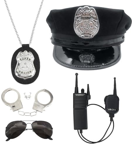 Editbar 5 Stück Polizei Accessories – Mit 1 Schwarze Polizeimütze, 1 Lanyard-Polizeimarke, 1 Funkgerät, 1 Handschellen und 1 Schwarze Brille für Erwachsene, Perfektes Kostümset für Karneval und Party