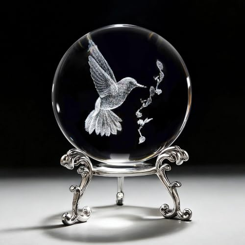 3D lasergraviert Kristallkugel Vogel mit Ständer Kolibri Briefbeschwerer | 60 mm große Kristallfigur Vogelform dekorative Glaskugel Tiermotiv Dekoration hummingbird Crystal Ball zu Hause, Zimmer Büro