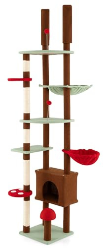 GOPLUS Arbre a Chat du Sol au Plafond Forme de Champignon à Multi-Niveaux, Hauteur Réglable 247-277 CM, Arbre à Chat XXL Design 5 Plateformes, Condo Spacieux, 2 Hamac Confortable, 2 Balles à Ressort