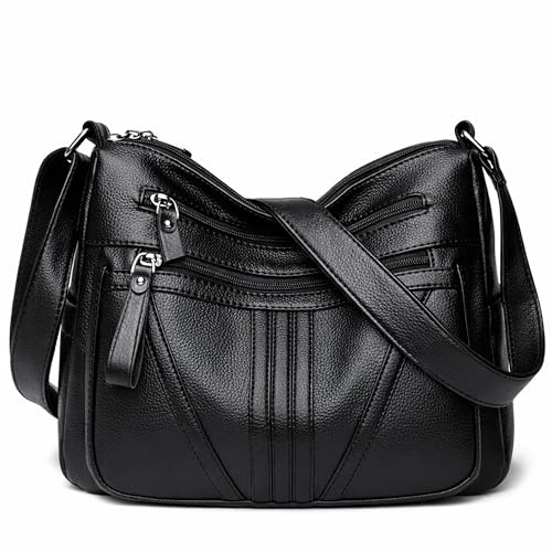 Gluckstar Umhängetasche Damen Mittelgroß Elegant, Schultertasche Mit Reißverschluss Und Vielen Fächern, Kunstleder Crossbody Tasche Preiswert Für Alltag, Arbeit, Reise, Freizeit (Schwarz)