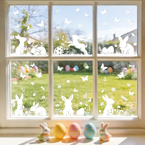Inreeme 8 Bögen Fensterbilder Ostern Selbstklebende Fensterdeko | Ostern Deko Fenstersticker mit Hasen & Ostereiern, Wiederverwendbare Statische Fensteraufkleber für Frühlingsdeko Osterdeko