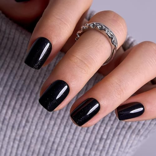Nymora 32 Pcs Short Square Press on Nails, Black Fake Nails with Glue & Nail File - False Nails Short, Stick on Nails for Women