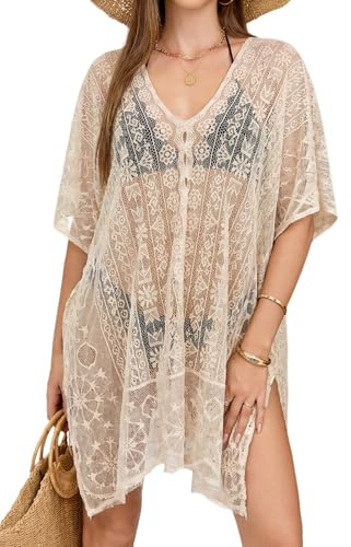 Cache-Maillot Femme en Dentelle Col V, Cover Up pour Maillot de Bain et Bikini, Vacances
