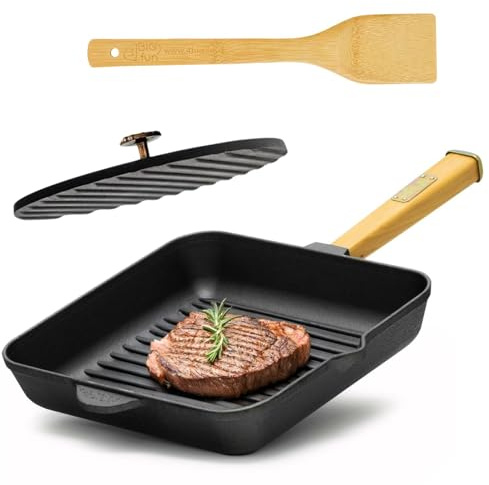 BIOL Grillpfanne aus Gusseisen 26x26 cm Holzgriff Deckel-Presse Pfannenwender Steakpfanne Cast Iron Pan Bratpfanne gerillt Pfanne Alle Herdarten inkl. Induktion Eisenpfanne Grill BBQ