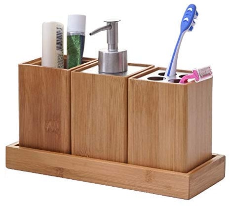 Mendler 4-teiliges Badset HWC-B85, Badezimmerset Badaccessoires Seifenspender Zahnbürstenhalter, Bambus