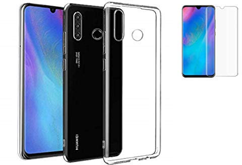 Todobarato24h Funda Compatible con Huawei P30 Lite Transparente TPU Lisa Silicona + Protector Cristal Templado Negro