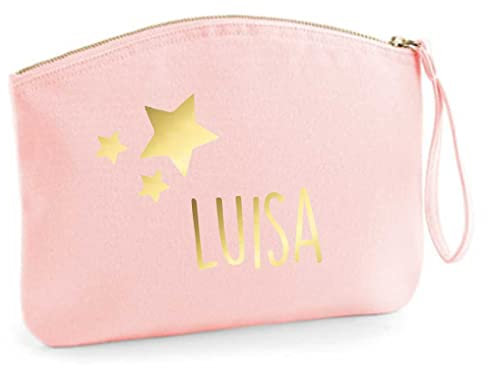 minimutz Schminktasche für Mädchen | personalisiert mit Namensdruck & Sterne | Kosmetiktasche für Kinder inkl. Name | Make-up Täschchen mit Reißverschluss (Rosa) (L (28 x 22 cm)