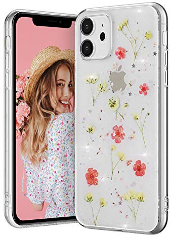 EYZUTAK Dried Flower Case for iPhone 11 6.1 inch, Bling Glitter Sequin Shockproof Clear Floral Pattern Silicone Gel Back Cover Protective Case - Pink+Yellow