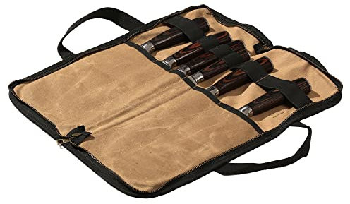 Kaaltisy Chefs Knife Bag, 16OZ Waxed Canvas Knife Roll Bag - for Professional Chefs Culinary School Barbecue, Kitchen Knife Bag with 5 Slots, 38x40cm