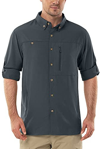 Outdoor Ventures Men's Long Sleeve Safari Shirt UV Protection Hiking Shirts Quick Drying Roll-Up Button Down Shirts with 3 Pockets for Walking Fishing Grey L