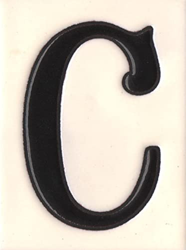 10 cm x 7,5 cm, Weiß und Schwarz, spanische handbemalte Keramik-Zahlen-Fliesen und Rahmen (weißer Buchstabe C)