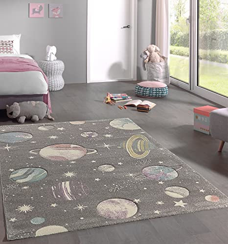 Mia's Teppiche Marie pflegeleichter Teppich fürs Kinderzimmer, mit Planeten und Sternen, Kinderteppich, Galaxy-grau, 160x230 cm