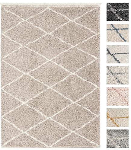 Wohnzimmer Shaggy Teppich 80 x 150 Beige Diamantmuster, Super Soft Moderner Hochflor Teppich