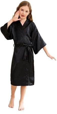 CuteOn Kinder Kids Satin Seide Kimono Robe Bademantel Morgenmantel Nachtwäsche für Spa Hochzeit Geburtstagsparty Kleid Schwarz Größe 14 - (Höhe 145-160cm)