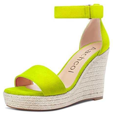 Aachcol Mujer cuña esparto Sandalias Correa Tobillo Abierta Punta Alto High Heel Clásico Cute Dress Zapatos 10 CM Verde Lima Ante 44 EU