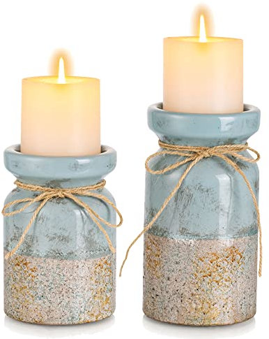 Romadedi Strand-Stumpenkerzenhalter Kerzenständer – Terrakotta, Used-Look, Blaugrün, Ozean-Design, nautisch, rustikales Bauernhaus, Geschenk für Küste, Zuhause, Badezimmer
