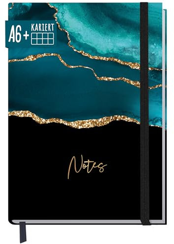 paper&you® Notizbuch kariert A6+ mit Gummiband Shiny Teal mit 156 Seiten, 78 Blatt - Notizheft, Bullet Journal, Tagebuch - nachhaltig & klimafreundlich
