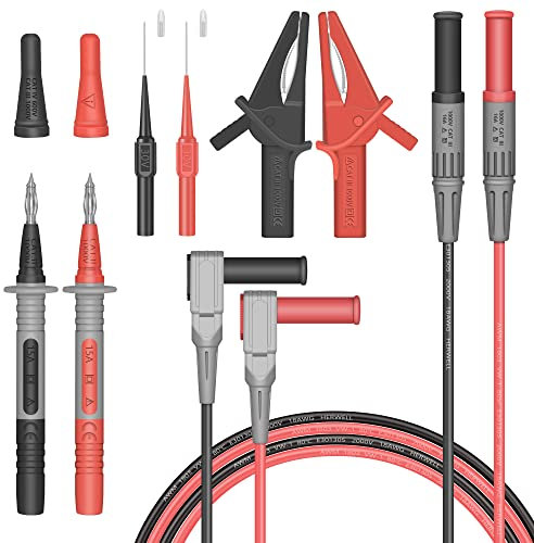 Sondes de Multimètre, HANDSKIT Kit de fils de test multimètre électrique à double isolation, Sondes de test avec Fiche Banana 4mm, Avec Pinces Crocodiles 30A et Sonde à Aiguille 0.7 mm