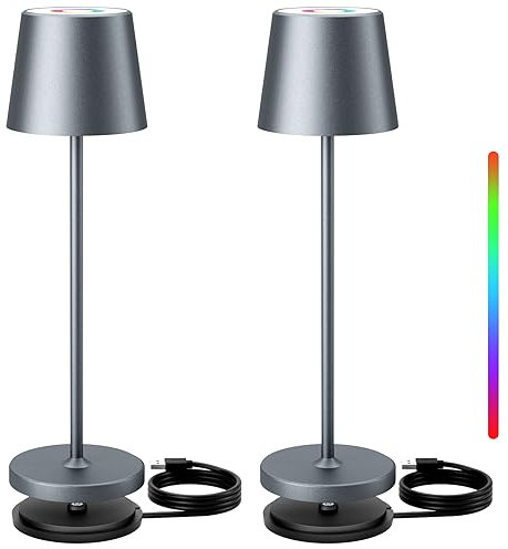 Keepoo LED Tischleuchte 2 Stück, Akku Tischlampe Kabellos, Dimmbar Touch Tischleuchte mit USB-Kabel, Warmweiß & 8 RGB Farben Outdoor Tischlampe für Restaurant, Schlafzimmer,Bar,IP54,Silbergrau