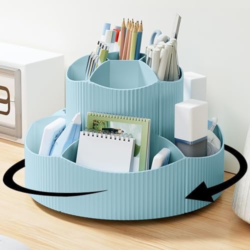 SAMSYOKI Drehbarer Stiftehalter, 360°Drehbar Schreibtisch Organizer Rotation Stifthalter mit 11 Fächer Große Kapazität Stiftköcher Aufbewahrungsbox für Stifte Bürobedarf Schulbedarf Kosmetik (Blau)