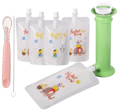 Babynahrungsbeutel Füllset, Wiederverwendbare Babynahrungsbeutel Nachfüllbar Baby Nahrungsbeutel mit Füllmaschine Löffel Reinigungsbürste Baby Lebensmittel Quetschbeutel für Kleinkinder（Grün）