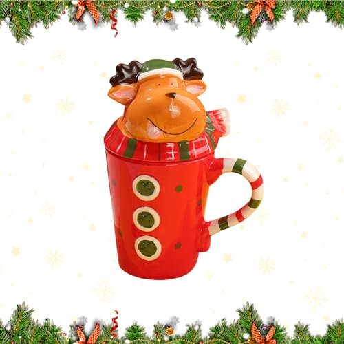 FUFRE Weihnachtstasse 350ML Weihnachtsbecher Porzellan Weihnachtsmann Elch Weihnachtsdeko Weihnachtskeramik Becher mit Deckel Weihnachten Kaffeetasse für Weihnachten Neujahr Geschenk (Elch)