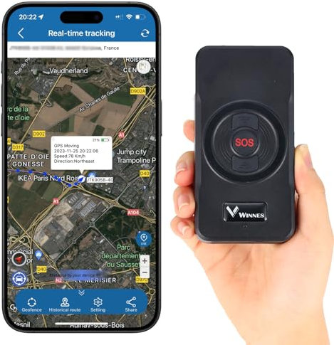 Winnes Localizador GPS para Coche S2 Localizador GPS No Requiere suscripción con micrófono Comunicación bidireccional Ubicación en Tiempo Real Alerta SOS Batería de 5000 mAh Coche Camión Van App