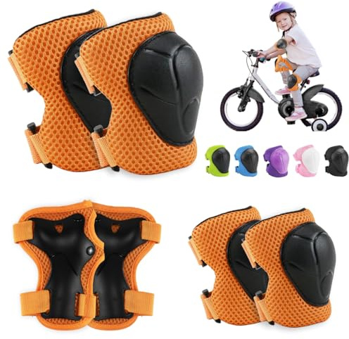 XZMCAT Protektorenset Kinder mit Knieschoner,Protektoren Kinder,Kinder Knieschützer ,mit Handgelenkschützern und Ellenbogenschoner,6 in 1 für ,Skateboard,Inlineskates,Hoverboard,Fahrrad(Orange)