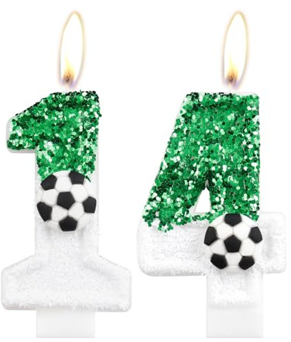 Football Number 14 Candle, Sparkling Sequin Green White Birthday Cake Topper Decorations for Football-Themed Activities, Wedding, Anniversary Supplies