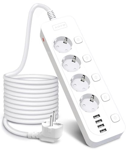Steckdosenleiste überspannungsschutz (4000W 16A),AOFO Steckdosenleiste Einzeln Schaltbar 4 Fach mit 4 USB,Mehrfachsteckdose Steckdosenleiste Wandmontage Verteilersteckdose mit Kindersicherung,3M Kabel