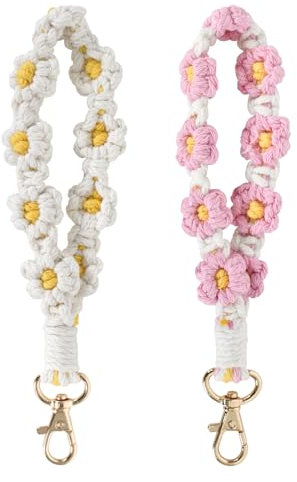 2 Stück Boho Armband Schlüsselband, Anhänger Lanyard Keychain Angenehm zu Tragen, Makramee Handgefertigtes Armband mit Gänseblümchen-Design, Schönes Geschenk für Frauen Mädchen, 19CM (Weiß+Rosa)