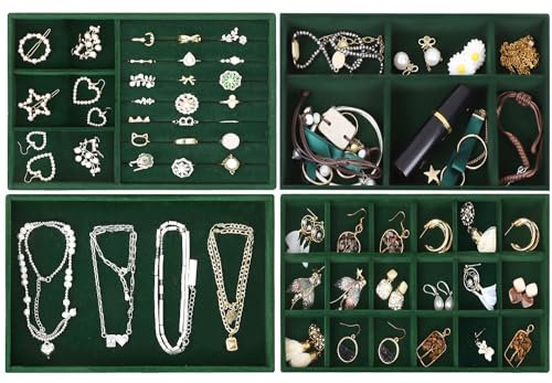 Duscdesp 4 Stuck Schmuckaufbewahrung Schublade, Schmucktablett, SchmuckkäStchen Samt Jewelry Organizer Stapelbar, Schmuck Organizers für Schmuck, Ohrringe, Armband, Ringe Aufbewahrung (Grün)