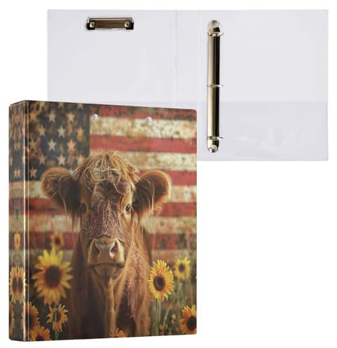 Rustikaler Ordner mit 3 Ringen, Motiv: Hochlandkuh, Sonnenblumen, USA-Flagge, 3,8 cm, für 200 Blatt, Drei-Ringordner, dekorativer Ordner, Organizer für Schule, Büro, 1 Packung