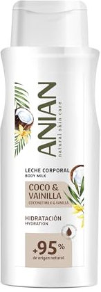 ANIAN - Leche Corporal Coco y Vainilla, 500 ml, con Manteca de Karité y Alantoína, Nutre e Hidrata sin Sensación Grasa, Aroma Dulce, Piel Suave y Tersa, +95% Ingredientes de Origen Natural