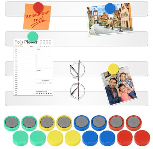 Wukong 4 Stück Magnettafel Memotafel, 30x3cm Weiß Selbstklebend Magnetleisten mit 16 Stück Runden Starke Magnete für Büro, Pinnwand, Fotowand, Dokumente und Kühlschrank