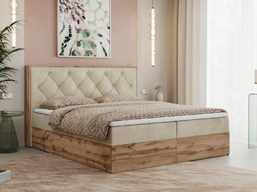 MKS MEBLE Boxspringbett 180x200 cm mit Bettkasten Wotan Eiche, Doppelbett mit Kopfteil, Matratze H3 mit Topper T25, Matratzenaufbau, Polsterbett mit Stauraum - Beige Velvet - Veneto