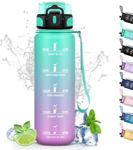 Botella Agua, Botella Agua 1 Litro con Filtro, Botella Reutilizable con Marca de Tiempo, Botella Agua Deporte con Eslogan Motivacional, Fácil de Limpiar, Cantimplora para Gimnasio, Correr, Acampar