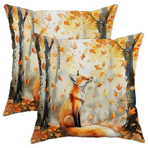 Herbst-Fuchs-Kissenbezüge, orangefarbenes Cartoon-Tier-Design, dekorative Walddekor-Kissenbezüge für Zuhause, Sofa, Bett, Couch, 40,6 x 40,6 cm, 2 Stück