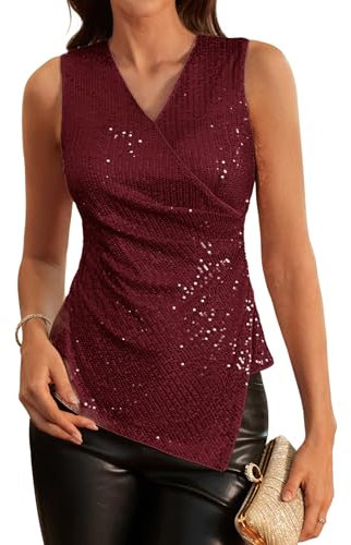 GRACE KARIN Damen Pailletten Tops Party Bluse Damen V-Ausschnitt Wickelbluse Damen Hochzeit L Wein Rot-5