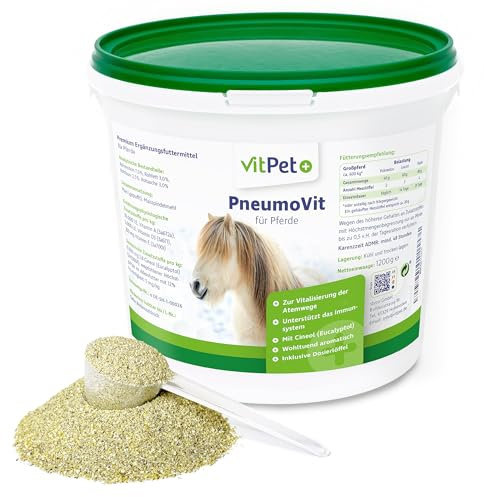 VitPet+ PneumoVit – Bei Husten Pferd – 1,2 kg – Mit natürlichem Eukalyptol – Zur Unterstützung von Atemwegen und Immunsystem – Erleichtert das Abhusten – Schleimlösend und beruhigend