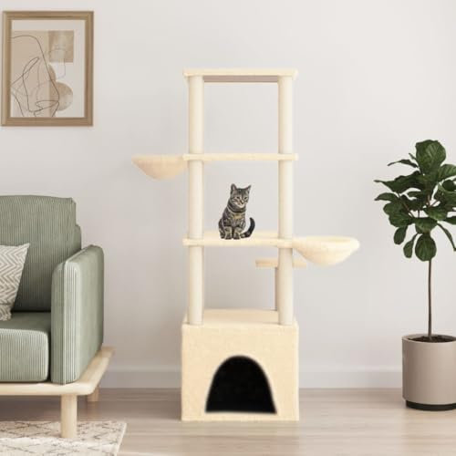 Sufrk Kratzbaum mit Sisal-Kratzsäulen Creme 147 cm KuschelhöHle Katze Kratzbrett Ecke