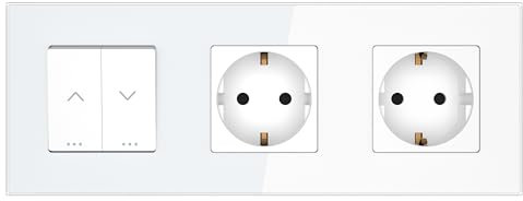 PULSAR Rolladentaster mit Steckdosen Weiß 3 Fach Glas - Jalousietaster Unterputz Steuerung für Rollo/Rouleau/Jalousette Taster mit 2x Wandsteckdose 16A 250V